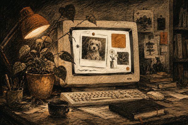An old computer displays a homemade webpage beside a plant and notebook