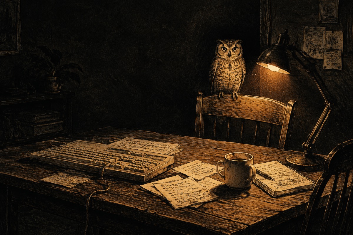 An owl watches from a chair at a desk lit by a small lamp